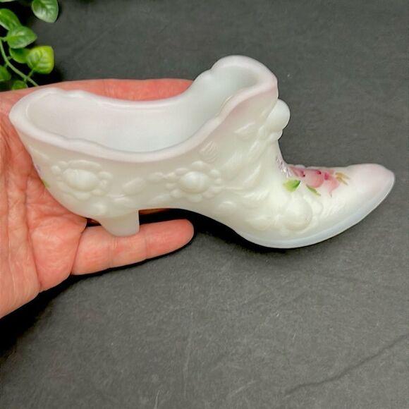 Fenton White Satin Milk Glass Hand Painted Slipper Shoe Roses Signed by Artist - Picture 3 of 12